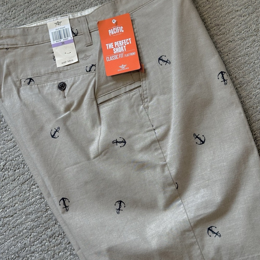 Dockers Men's Shorts Beige 38 Cotton Anchor Print Classic Fit Flat Front New
